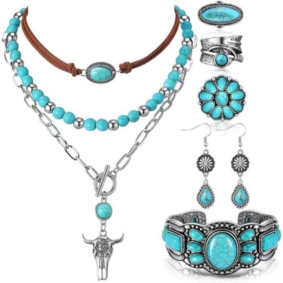 Bohemian Western Jewelry Turquoise Set Women Bohemian Pendant Long - Picture 1 of 7